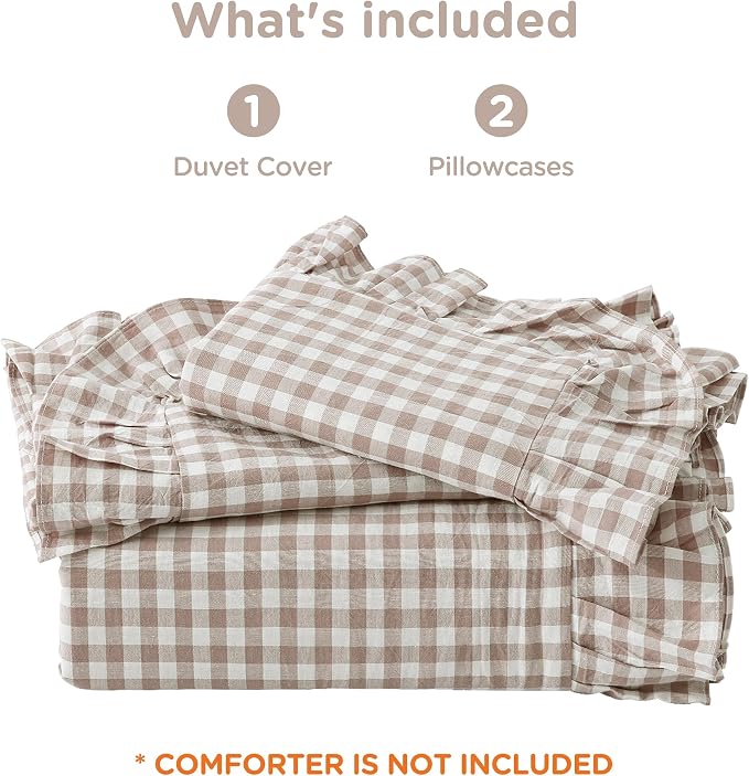 ATsense Tan Gingham Ruffle Duvet Cover Bedding Set Cotton Like Linen, Queen | 100% Washed Cotton Linen-Like Feel Soft, Breathable & Comfy. Fall Vintage Farmhouse Decor, Zipper & 8 Ties. 3 Pcs, No Insert