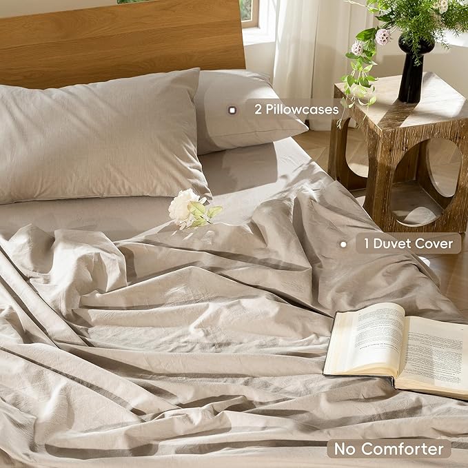 MooMee Duvet Cover Set 100% Washed Cotton Linen Like Super Queen | Relaxed Linen-like Texture. Soft, Breathable & Long-lasting Comfort. Lightweight. Hidden Zipper with 8 Interior Corner Ties
