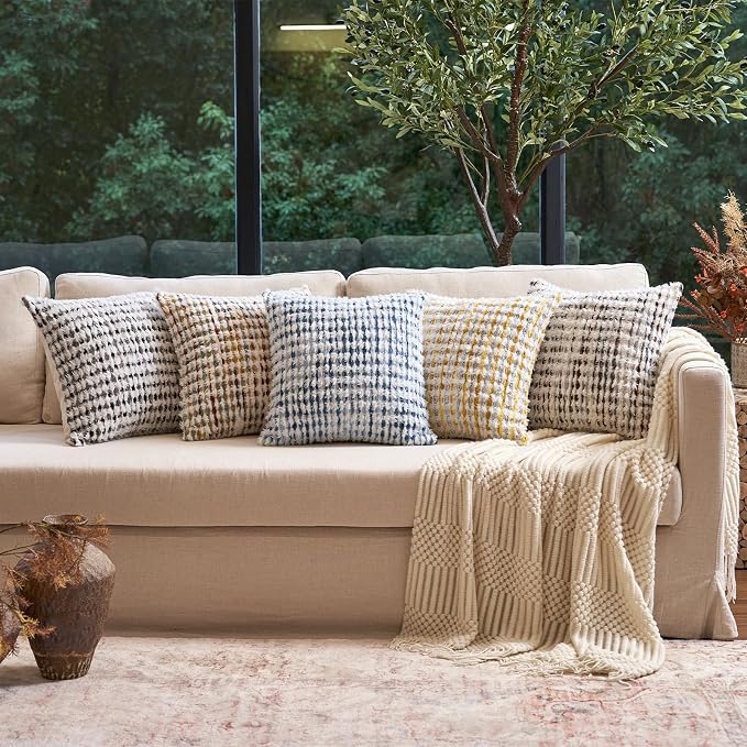 Aeckself Boho Chenille Tufted Pillow Cover 18 x 18 Inch, Decorative Square Throw Pillow Cover Neutral Pillowcase for Couch Bedroom Living Room, Brown White