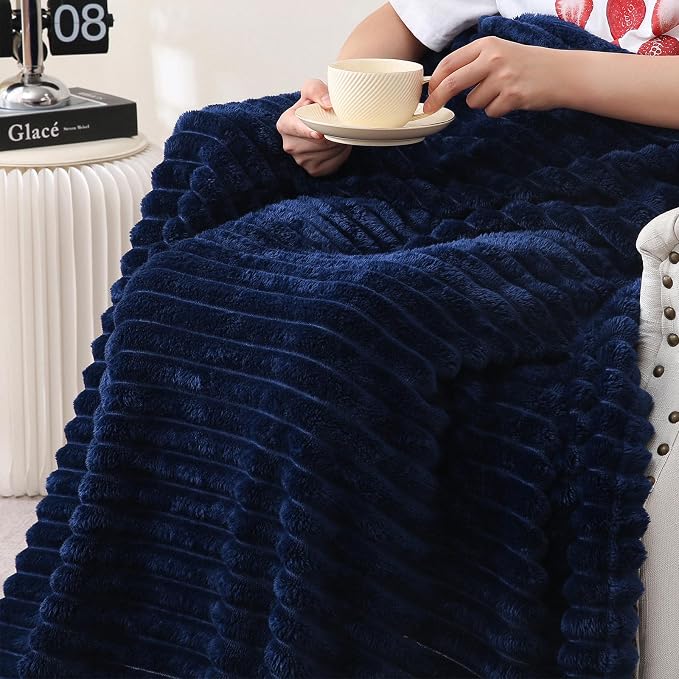 Navy Blue Fleece Throw Blanket 60”×80” for Couch Sofa Livingroom | Super Soft Cozy Plush Microfiber Flannel Bed Blanket Striped Design Lightweight Home Decor Gifts for Adults Mom Women