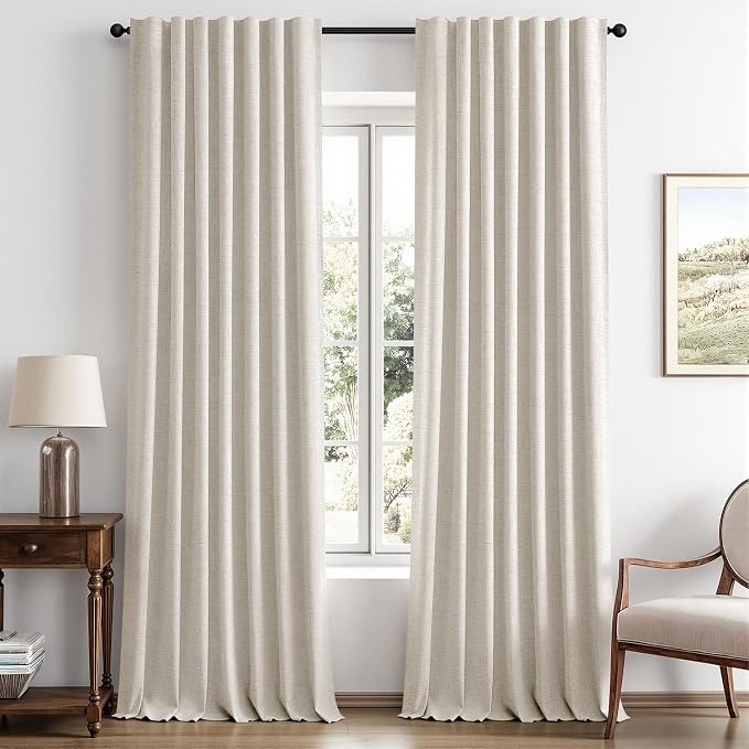 MIULEE 100% Blackout Linen Curtains for Bedroom 42 x 96 Inch Birch 2 Panels | Thermal Insulated, Room Darkening Drapes for Living Room, Back Tab Rod Pocket Pinch Pleated, Solid Luxury Decor