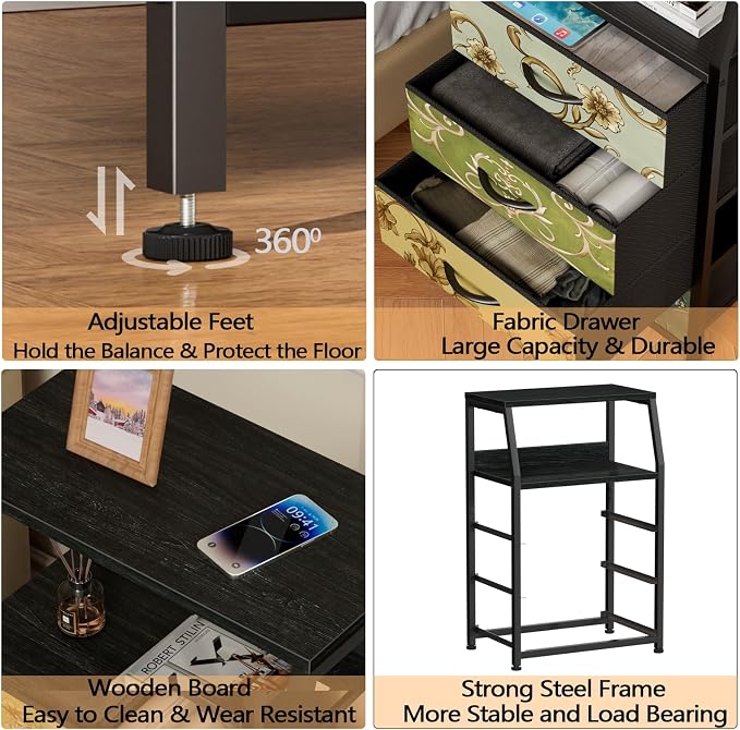 Furnulem Retro Small Dresser for Bedroom, Tall Nightstand with 4 Drawers | Vintage Dorm Fabric Bedside Table Side Furniture, Storage Organizer for Closet with Metal Frame, Wood Top, 2-Tier Shelf