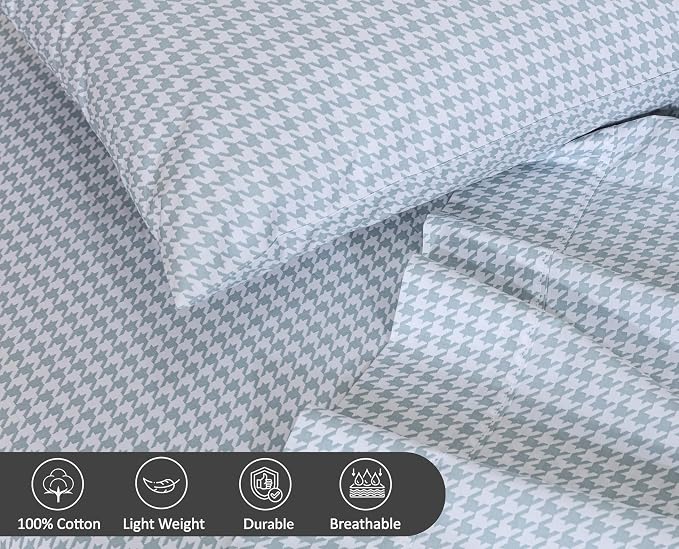 RUVANTI 100% Cotton Percale Sheets Full Size, Houndstooth | Crisp Cooling, Deep Pocket 16", Soft Breathable & Durable, Hotel-Style, 4 Piece Set