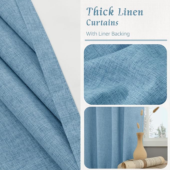 Full Blackout Linen Bedroom Curtains 54 Inch 2 Panels, Blue | Thermal Insulated, Privacy Protected, Farmhouse Curtains, Neutral Panels, with White Liner, Rod Pocket Back Tab, 52 x 54 Inch