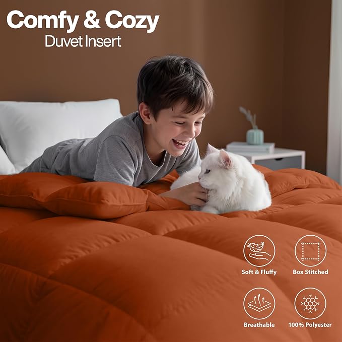 Utopia Bedding Queen Comforter, Duvet Insert, Burnt Orange, 88 x 88 Inches | Soft and Fluffy Down Alternative Bed Comforter, All Season, Breathable, Corner Tabs, Box Stitched, Durable, Machine Washable