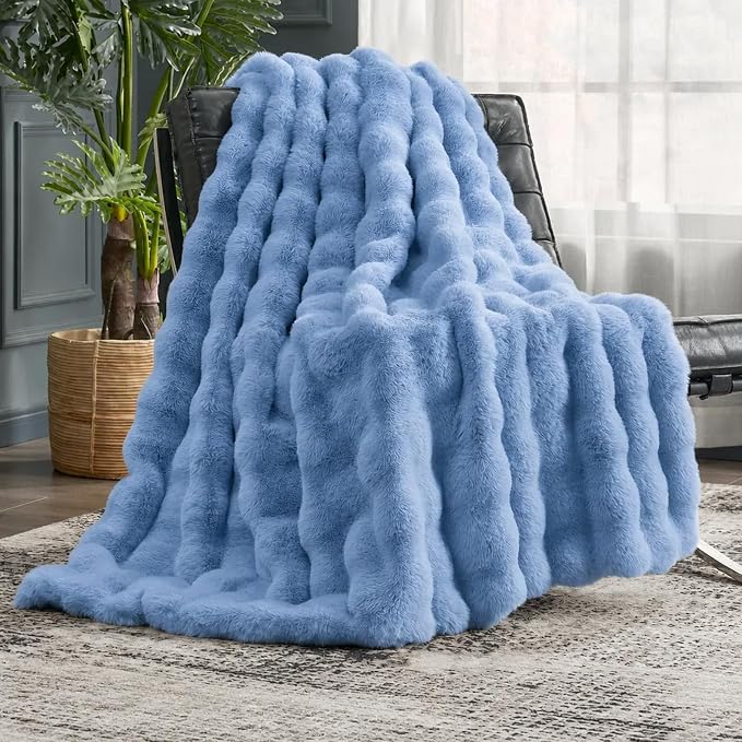 Cozy Bliss Faux Fur Bubble Throw Blanket for Couch, Fuzzy Soft Plush Thick Blanket for Sofa Bed Gift, 50x60 Inches Misty Blue