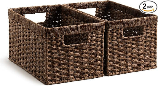 StorageWorks Rectangular Wicker Storage Baskets for Organizing, 2-Pack | Paper Rope Wicker Storage Baskets for Shelves, Dark Brown Wicker Baskets with Handle, Brown Baskets for Storage,Woven Baskets