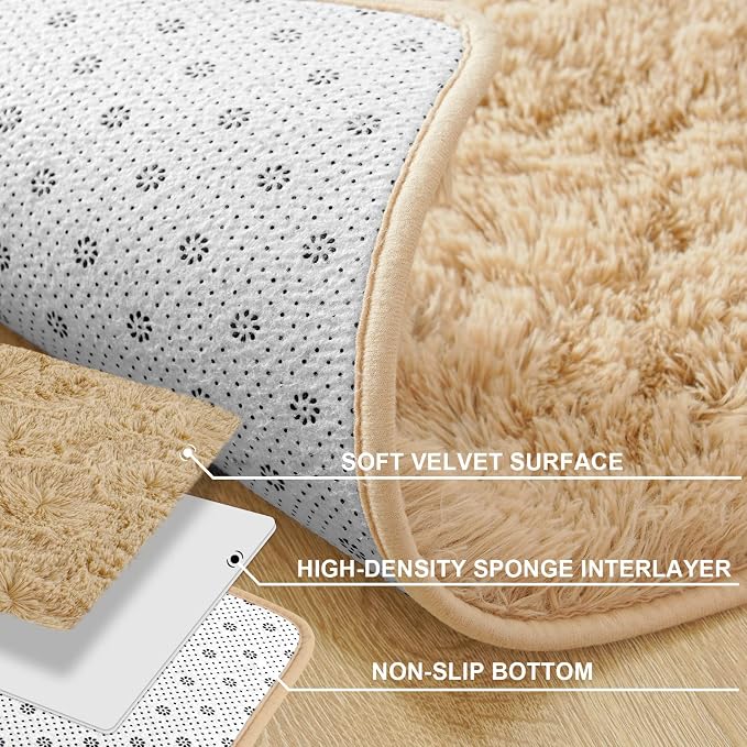 Soft Modern Indoor Large Shaggy Rug for Livingroom Bedroom Dorm Kids Room Home Decor, Non-Slip Plush Fluffy Furry Fur Area Rugs Comfy Nursery Accent Floor Carpet 9x12 Feet, Light Tan