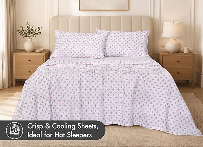 RUVANTI 100% Cotton Percale Sheets Split King Size, Block Print Motif | Crisp Cooling, Deep Pocket 16", Soft Breathable & Durable, Hotel-Style, 5 Piece Set
