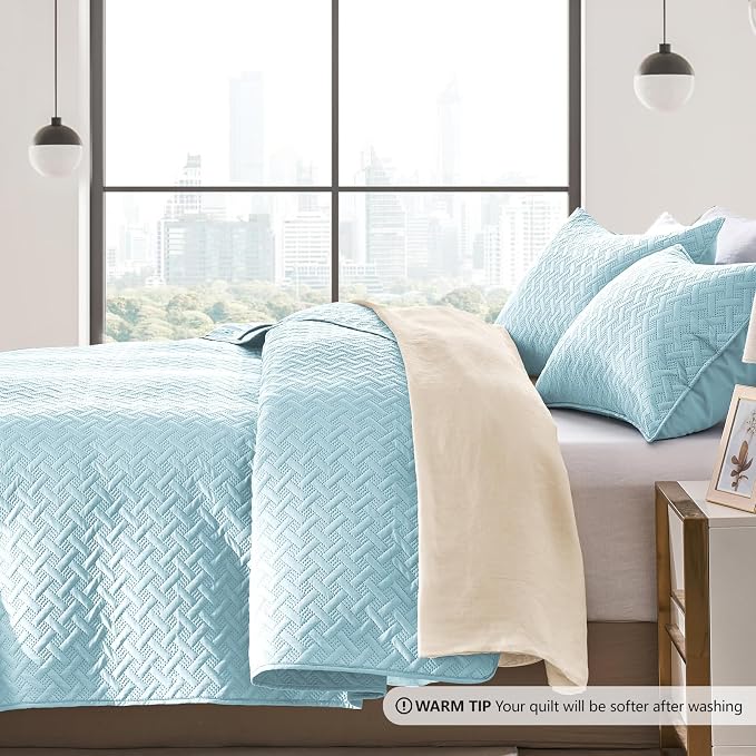 FLYMME Twin Quilt Set, Lightweight Sky Blue Bedspreads, Basket Weave Pattern,Ultra Soft Microfiber Bedspread Bed Coverlet 2 Pieces for All-Seasons (1 Quilt, 1 Sham)
