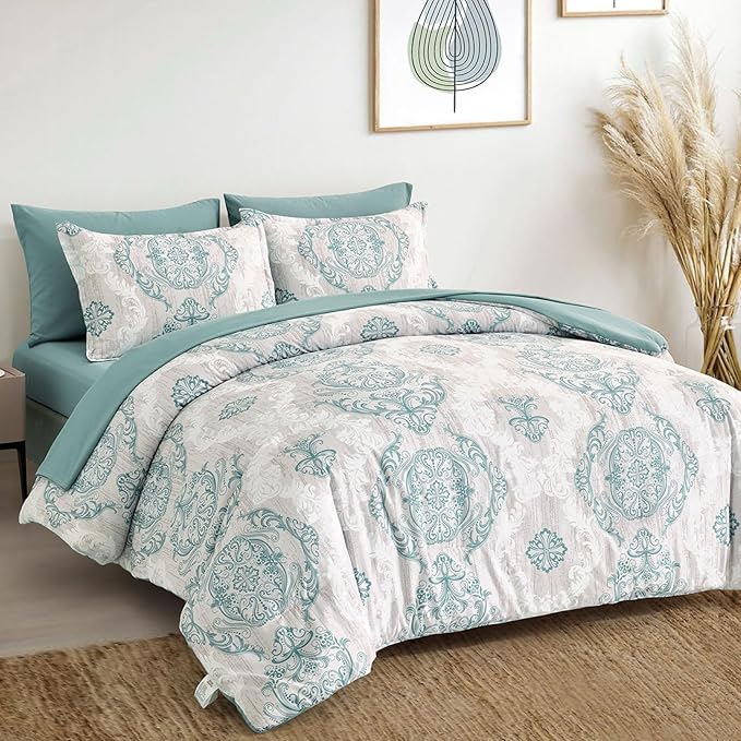 WONGS BEDDING Aqua Comforter Set King Size, Damask Texture 7 Pieces Bed in a Bag Microfiber Bohemian Comforter Bedding Sheet Set with Comforter, Flat Sheet, Fitted Sheet, Pillow Shams, Pillowcases