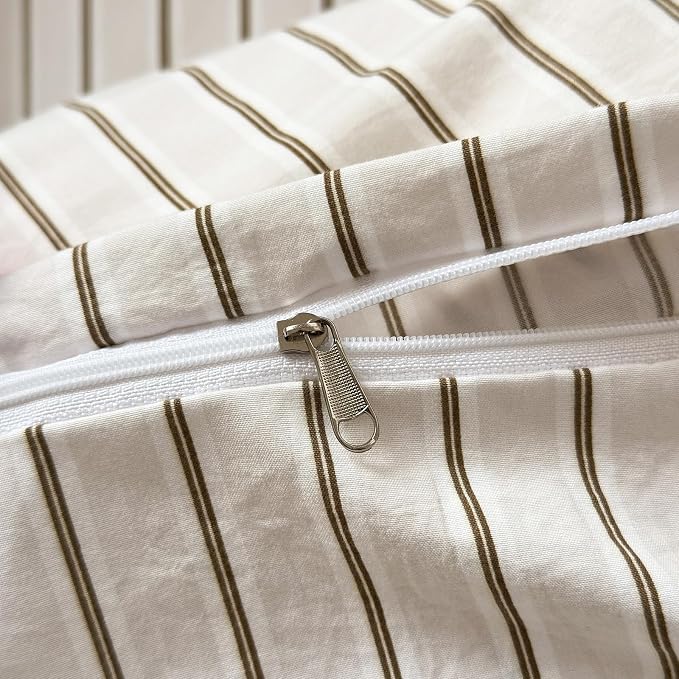 mixinni Vintage Striped Duvet Cover Set Queen Size, 3 Piece Premium Washed Microfiber Minimalist Beige Brown Stripes Bedding, Neutral Comforter Cover with Hidden Zipper & Corner Ties for Men Women