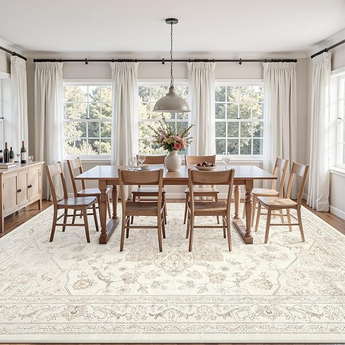 8x10 Area Rugs Living Room: Bedroom Washable Carpet Beige White | Vintage Boho Soft Small Indoor Decor Floor Non-Slip Low Pile Neutral Farmhouse Entryway Laundry Bathroom Bedroom Beside Rugs