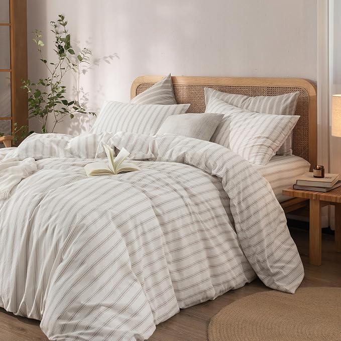 BESTOUCH Striped Cotton Duvet Cover Set Linen Feel California King | 100% Washed Cotton, Soft Wrinkle Texture, Hidden Zipper, 8 Ties, Breathable Lightweight Durable Comfy, 3 Pcs No Insert