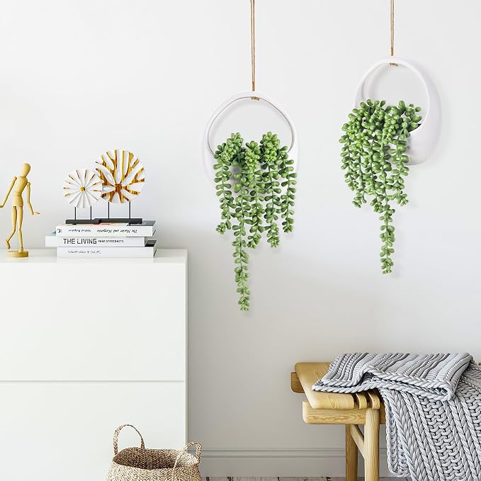 Der Rose 2 Pack Artificial Hanging Plants in White Pots for Boho Wall Decor | Mixed trailing succulent styles, included hanging strings,wall or shelf display for bathroom bedroom office decor