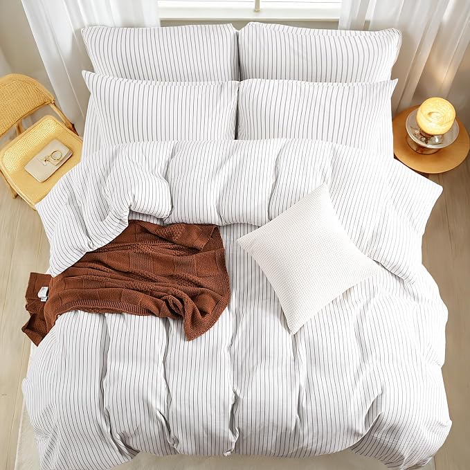 NEXHOME PRO Striped Duvet Cover Super King,100% Washed Cotton Bedding Set,Textured Linen Feel,Breathable,Organic,3 Piece(Grey Stripes 108x98)