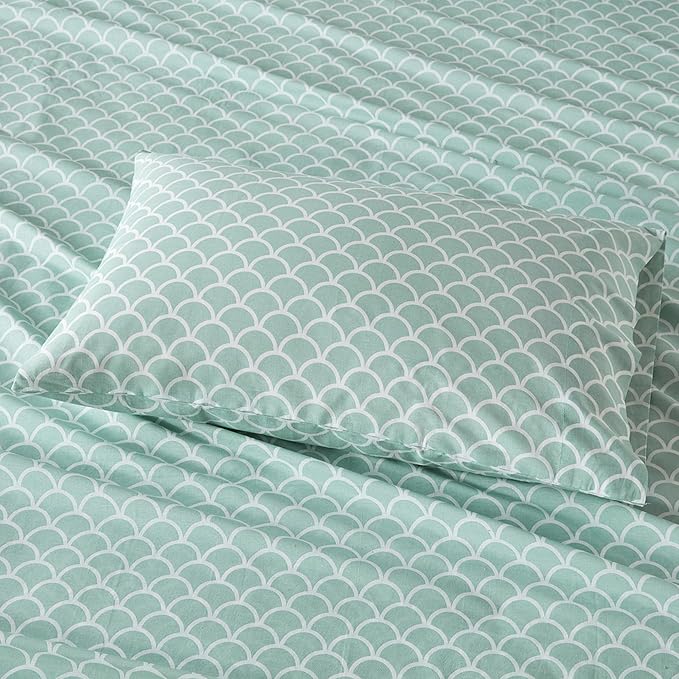 Comfort Spaces 100% Cotton Percale Sheets Queen Sheet Set 4 Pcs, Scales | Crisp, Cool & Breathable Bed Sheets, 14" Deep Pocket Fits Up to 16" Mattress, Lightweight, All Season Cozy, with Pillow Case