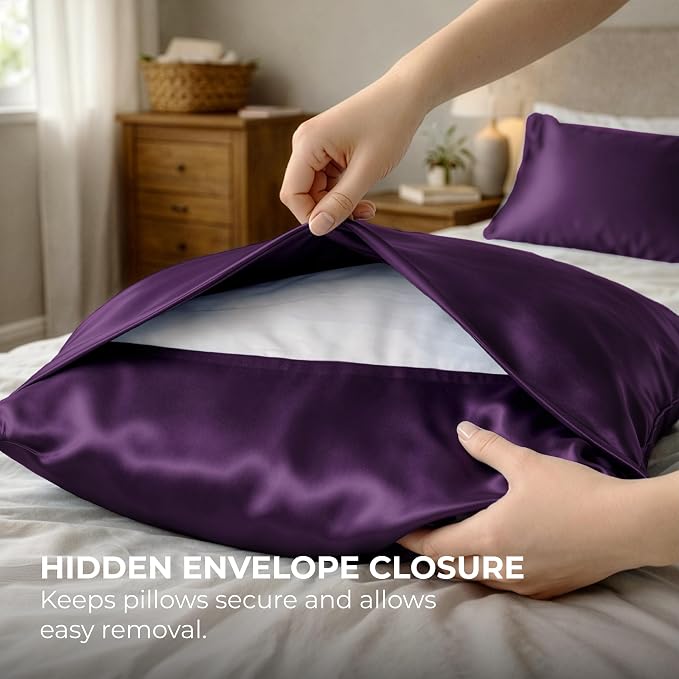 Pure Bedding Satin Pillowcase 2 Pack - Queen Size (20"x30", Purple) - Silky Pillow Cases for Hair and Skin - Satin Pillow Covers with Envelope Closure - Extra Soft Premium Microfiber
