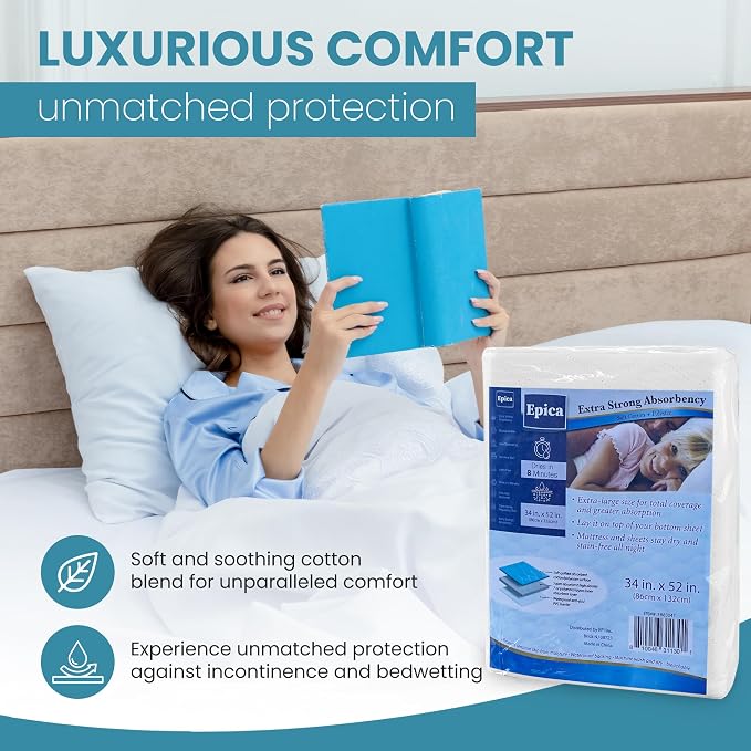 Epica Incontinence Bed Pads Washable Waterproof, 34"x52" (2 Pack), USA Made | 500 Washes, Reusable Heavy Absorbency Washable Pee Pads for Adults, Elderly & Pets - White