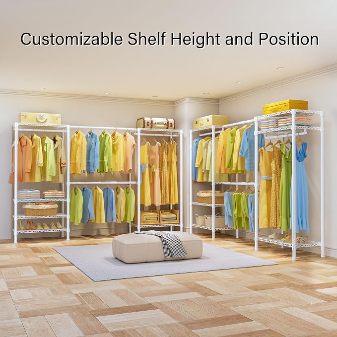 SEMHOR E06 Expandable Heavy Duty Clothes Rack for Reach-in Closet | Freestanding Clothing Racks with Shelves, Carbon Steel Closet Organizer System Adjustable 70.8-93.9", Max Load 800LBS, White