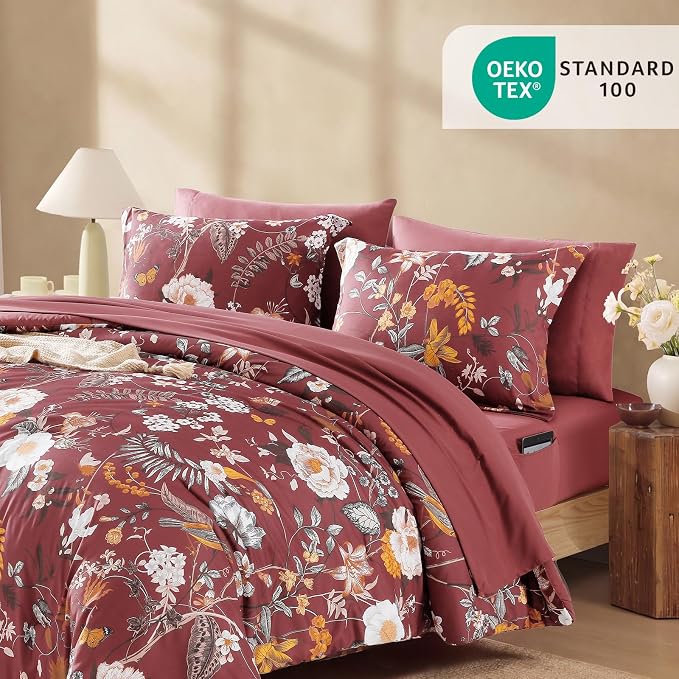 King Size Comforter Set - 7 Pieces Red Floral Bed in a Bag King Bedding Set | All Season Botanical Flowers Comforter Set with Sheets, Pillowcases & Shams