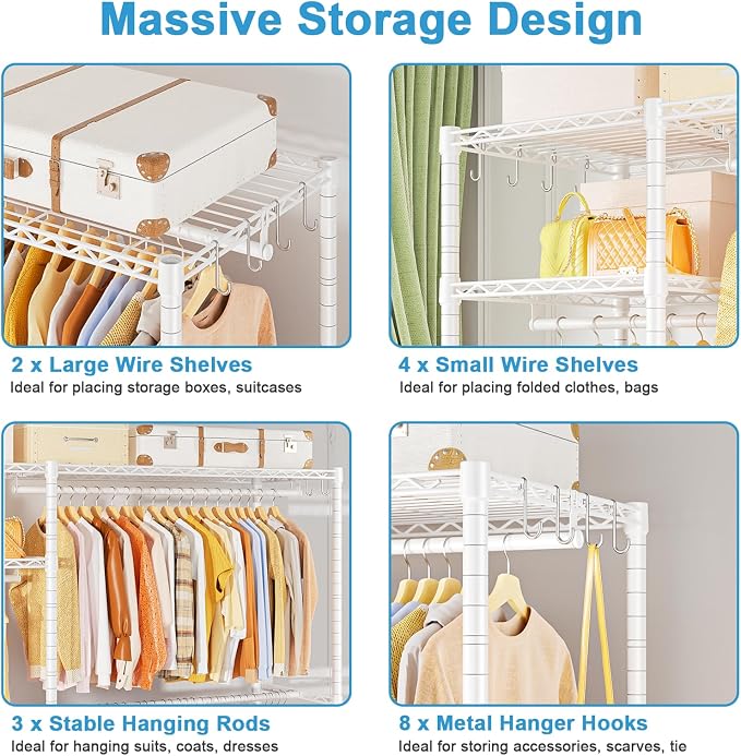 Ulif F7 Clothes Rack Heavy Duty, Clothing Racks for Hanging Clothes, White | Garment Rack with Shelves, 6-Tiers Freestanding Portable Closet Storage Racks 58'' W × 14.6'' D × 76.6'' H, Max Load 800 Lbs