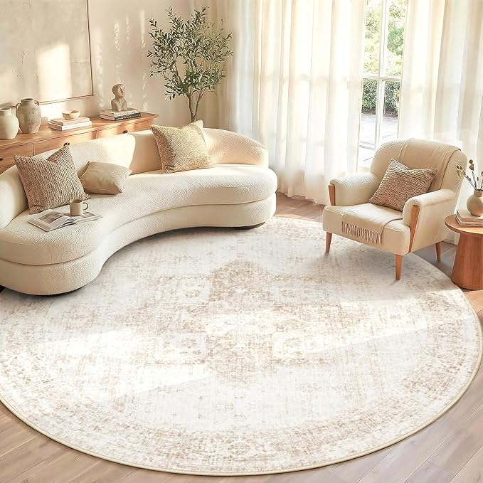 Round Rugs 6ft Washable Rug, Vintage Boho Medallion Rugs Non-Slip Soft Low Pile Circle Distressed Rug Indoor Retro Carpet for Living Room Bedroom Dining Room Home Office (Beige, 6' Round)