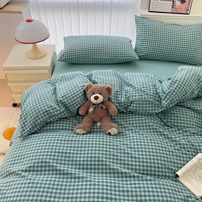 LifeTB Twin XL Comforter Set Green Gingham Comforter for Men Boys Geometric Plaid Comforter Set Fluffy Soft Plaid Gingham Bedding Set Green Blue Grid Checkered Pattern Comforter with 2 Pillowcases