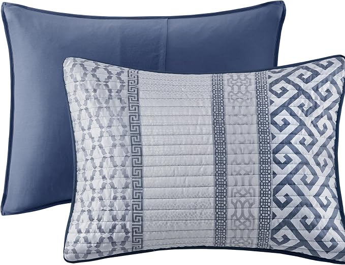 Madison Park Quilt Set Luxurious Jacquard Stripes Design - All Season, Coverlet Bedspread Lightweight Bedding Layer, Shams, Decorative Pillow, King/Cal King(104"x94"), Geometric Navy 4 Piece | All Season Bedding Set, Lightweight, Geometric, Machine Was...
