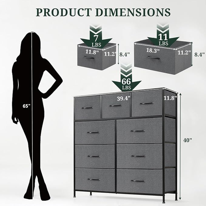 9-Drawer Dresser for Bedroom, Anti-Tip Tall Storage Organizer | Chest of Drawers with Wooden Top and Metal Frame Fabric Bins for Closet, Living Room, Hallway, Entryway, Gray