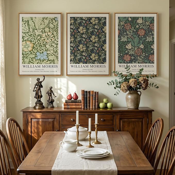Large Framed Rustic Green William Morris Floral Wall Art, Set of 3 | Vintage, Canvas prints, Botanical artwork, 30x60 inch, Living room, Bedroom, Dining room, Hallway decor