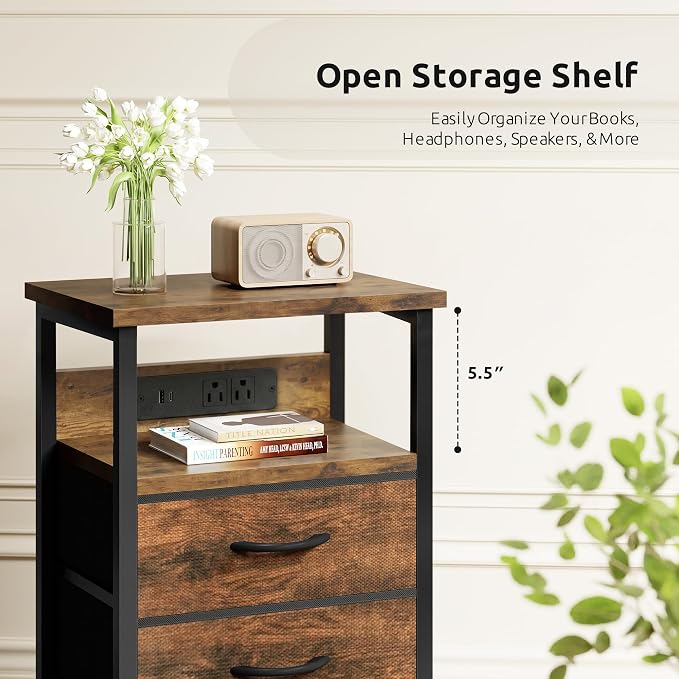 Lazzanto Night Stand with Charger Station, 3 Fabric Drawers, Brown | Nightstand, Bedside Table, Open Shelf, Built in USB-A, USB-C Port & AC Outlets, For Bedroom, Dorm, Living Room