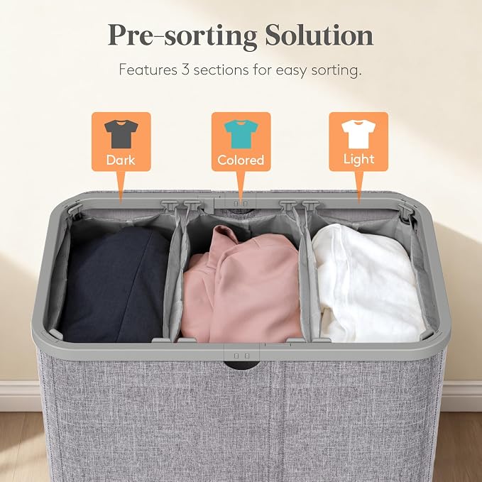 Lifewit 185L 3 Section Laundry Hamper with Lid, Laundry Basket, Light Gray | Large Foldable Laundry Sorter with 3 Removable Bags, Tall Clothes Hamper for Bedroom and Bathroom