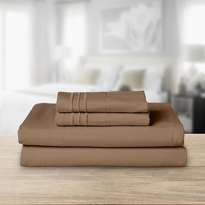 Elegant Comfort Luxurious 1500 Premium Hotel Quality Microfiber Three Line Embroidered Softest 4-Piece Bed Sheet Set, Wrinkle and Fade Resistant, King, Taupe
