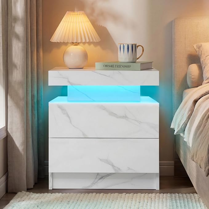 i-aplus White Modern LED Nightstand Set of 2 with 2 Wood Drawer for Bedroom | Nightstands with App-Controlled RGB LED Lights, Night Stand with Storgae Drawer, Modern Bedside Table for Bedroom