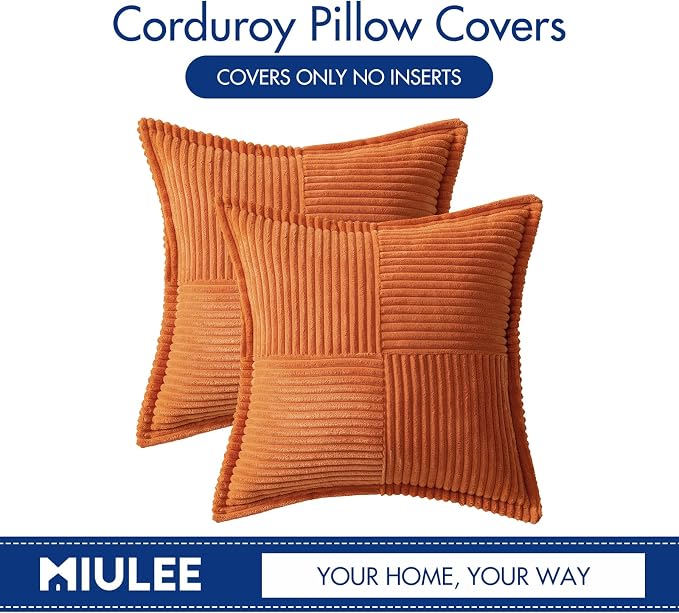 MIULEE Fall Orange Decorative Throw Pillow Covers for Couch 18x18 Inch | 2 Pack, Boho Broadside Striped Patchwork Pillow Covers, Soft Corduroy Cushion Cases, For Sofa Bed Livingroom Home Decor