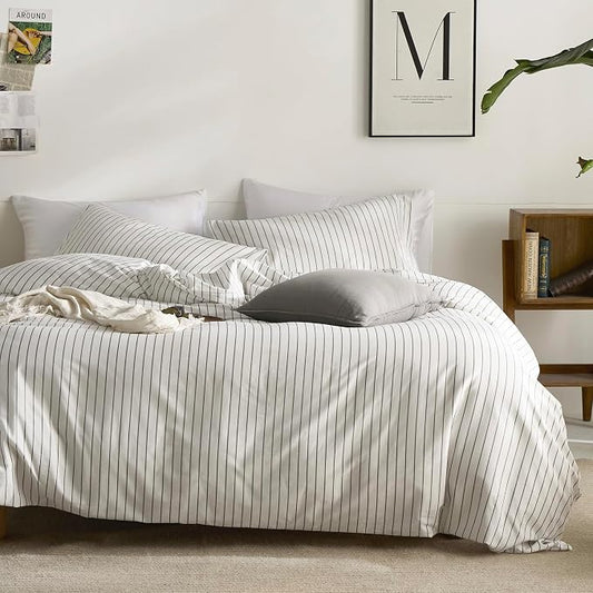 JELLYMONI 100% Cotton Vertical Stripe Queen Duvet Cover Set, Grey | Breathable and Soft, Classic Stripes, 8 Corner Ties & Double Hidden Zipper, For Master Bedroom & Guest Room