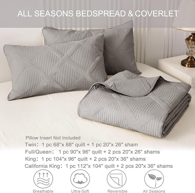 Exclusivo Mezcla Quilt Set Twin Size, 2 Pieces Light Grey Twin Quilt Bedding Set, Lightweight Quilts Soft Bedspreads Modern Striped Coverlets for All Seasons | Soft Bedspreads with 1 Pillow Sham, Modern Striped Pattern, Lightweight Bedding Set Coverlet...