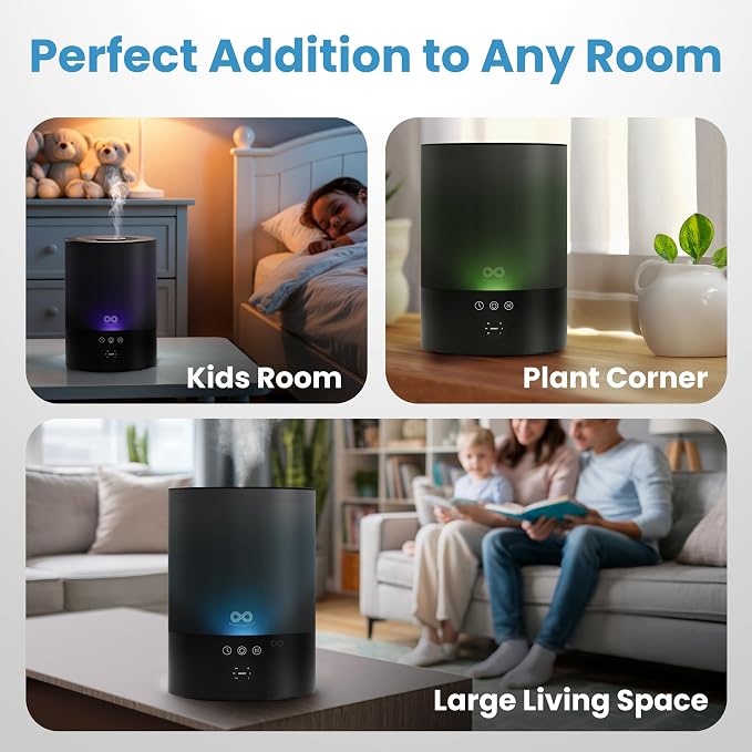 Everlasting Comfort 2.5L Top Fill Humidifier for Bedroom – 28dB Ultra-Quiet, Easy to Fill & Clean, 24HR Runtime, Night Light, Timer, Ultrasonic Cool Mist, Auto Shut-Off for Indoor Use - Black