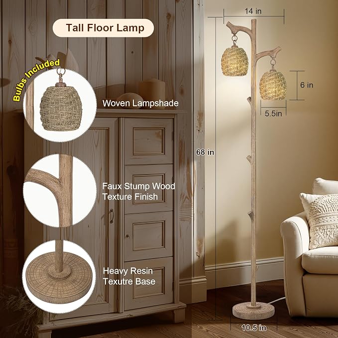 Scenekoy Vintage 68” Tall Resin Floor Lamp with Straw Rope Woven Shade | Tree Trunk Finish Retro Standing Lamp, Dimmable Brightness, Corner Stand Up Lamp with Bulb for Living Room Bedroom Home Decor