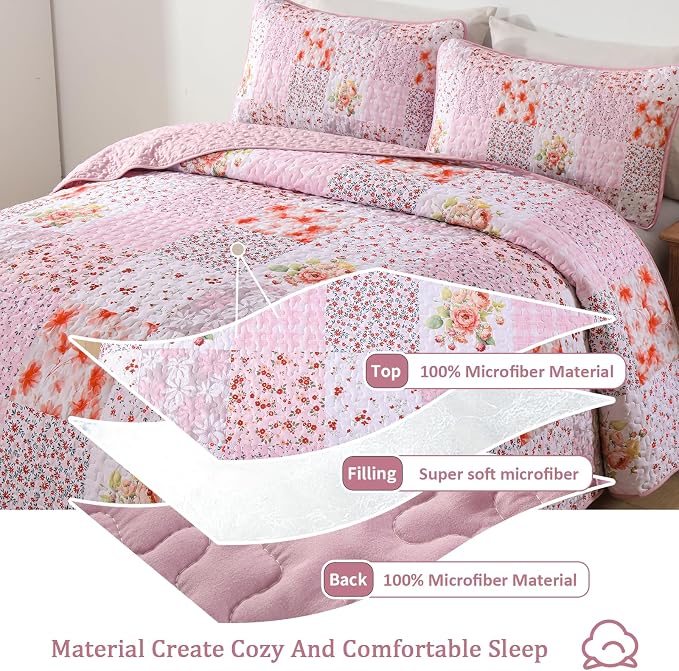 Mybedsoul Pink Quilts Queen Size, Patchwork Floral Reversible Bedding Set | Soft Lightweight Microfiber Coverlet Set, 3 Pieces Plaid Bedspread, Bed Sets for All Seasons 96"x90"
