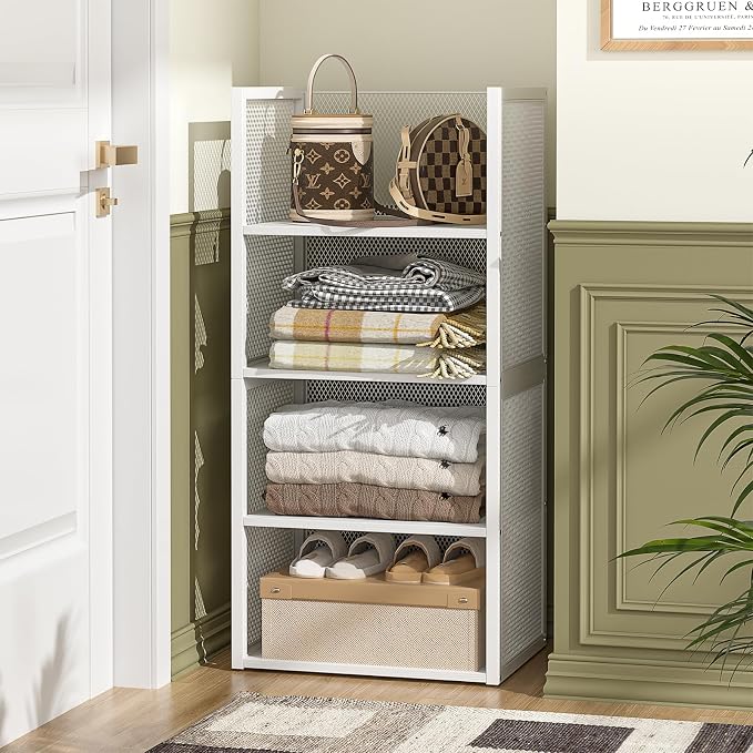 2-Tier Stackable Closet Organizers and Storage Basket, Wire Clothes Shelf Organizer Bins, Sweater Storage for Wardrobe Cupboard, Multifunctional Cube Storage Box for Kitchen Bath Laundry Room, White