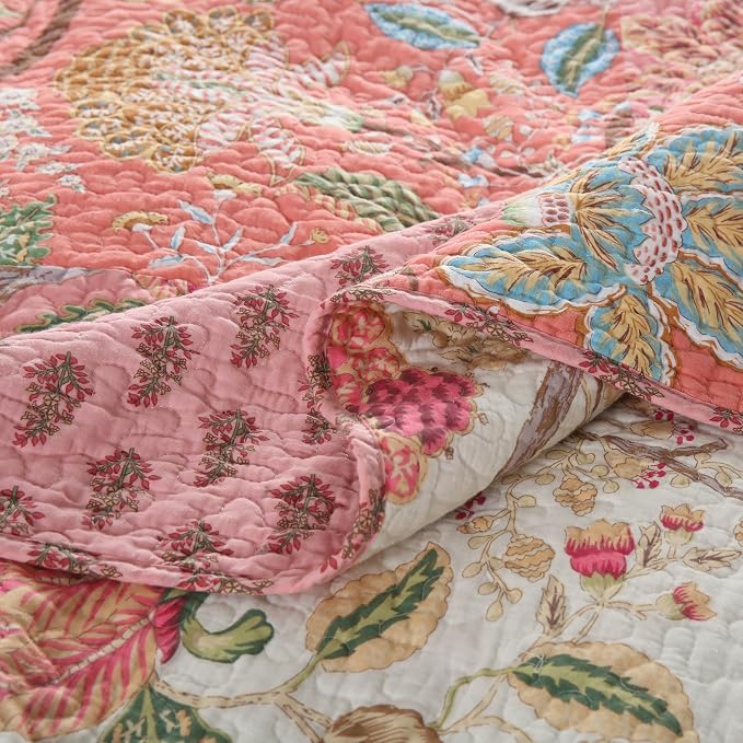 Cotton Patchwork Bedspread, 3-Piece Bedding Quilt Set with Real Stitched Embroidery, Reversible Matelasse Bed Coverlet Set,Bohemian Floral, King Size