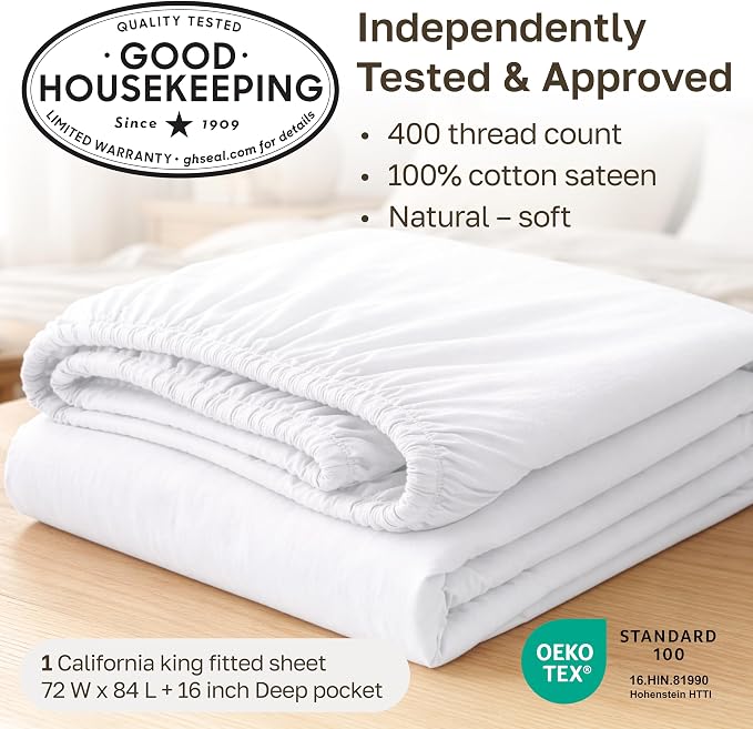 California Design Den 100% Cotton Sateen Cali King Fitted Sheet, Grey Light | 400 Thread Count Backed by Good Housekeeping Seal, 16" Deep Pocket, All-Around Elastic, No-Pop Fit, Durable, OEKO-TEX