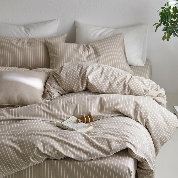 MooMee Striped Duvet Cover Set 100% Washed Cotton Linen Like Super Queen | Relaxed Linen-like Texture. Soft, Breathable & Long-lasting Comfort. Lightweight. Hidden Zipper with 8 Interior Corner Ties