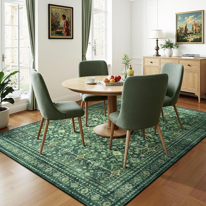Washable Area Rugs 6 x 9 for Living Room,Soft Non Slip Carpet Green | Durable Stain Resistant,Kid Pet Friendly,Compatible with All Vacuums,0.25inch Low Pile for Bedroom Dining Room Home Office