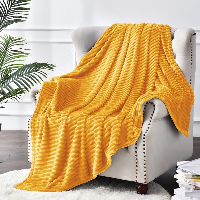 BEDELITE 3D Ribbed Mustard Yellow Fleece Twin Blanket for Couch, 60x80 Inch | Soft Warm Fluffy Blanket for Bed Sofa College Dorm Room Decor, Luxury Cozy Plush Birthday Gifts for Women Girls, Lightweight