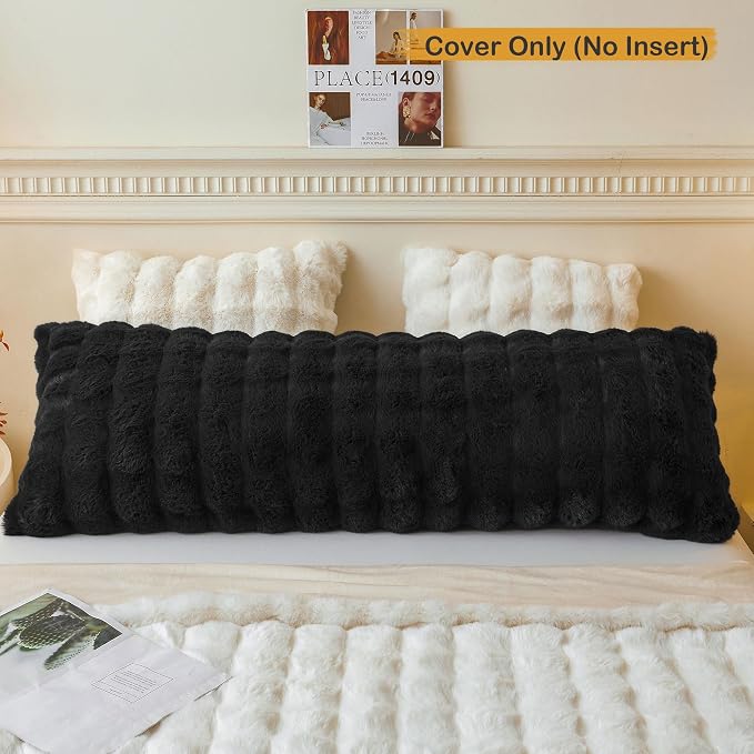 LIFEREVO Fluffy Faux Rabbit Fur Body Pillow Cover 20"x54", Black | Luxury Bubble Waffle Plush Bed Pillowcase with Hidden Zipper, Washable Fuzzy Long Pillow Case for Adults Kids Girls Teens