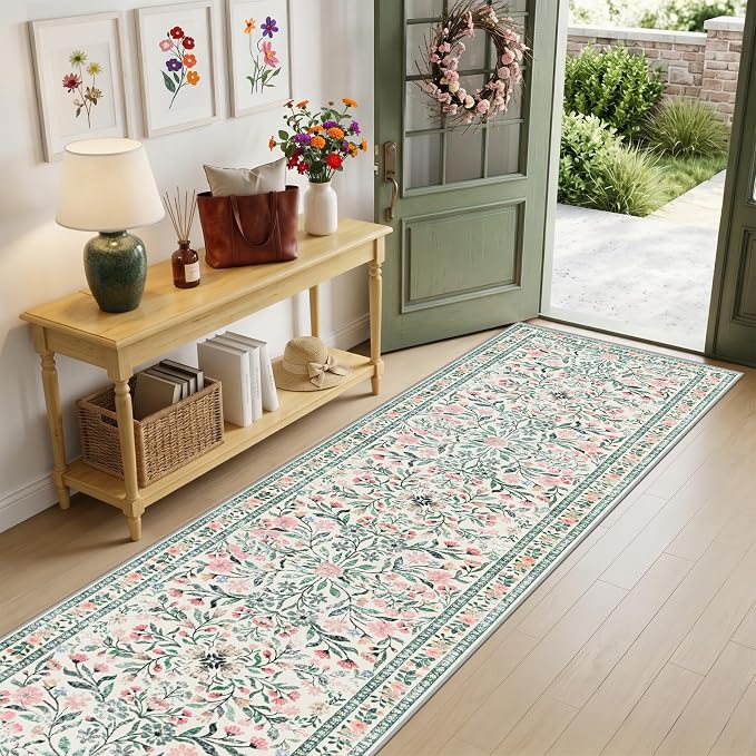 PLHXFR 2.6x10 Washable Runner Rug：Floral Indoor Kitchen Carpet Green Beige | For Hallway Bedroom Kitchen Laundry Bathroom Dorm,Vintage Floral,Machine washable,Non Slip,Stain Resistant,Indoor Floor