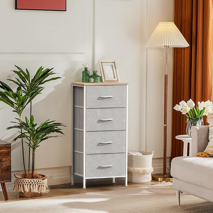 DUMOS Nightstand with 4 Drawers Bedside Table with Removable Fabric Bins Sturdy Steel Frame Wood Top Organizer Furniture for Bedroom Closet Living Room, Ash